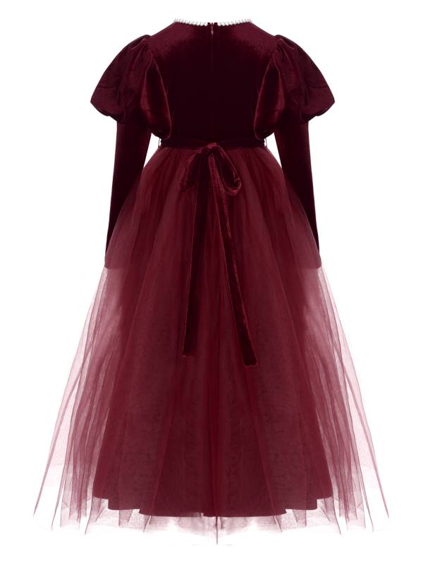 Kids Girls Long Sleeve Pearl Beaded High Waist Tulle Birthday Party Dress thumb