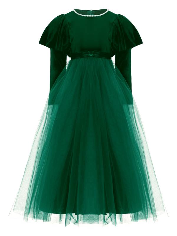 Kids Girls Long Sleeve Pearl Beaded High Waist Tulle Birthday Party Dress thumb
