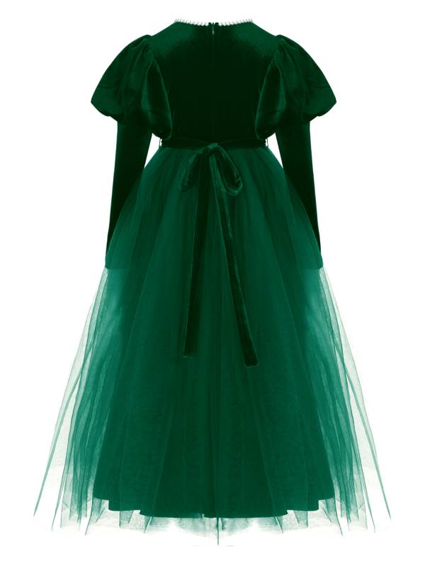 Kids Girls Long Sleeve Pearl Beaded High Waist Tulle Birthday Party Dress thumb