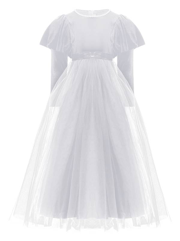 Kids Girls Long Sleeve Pearl Beaded High Waist Tulle Birthday Party Dress thumb