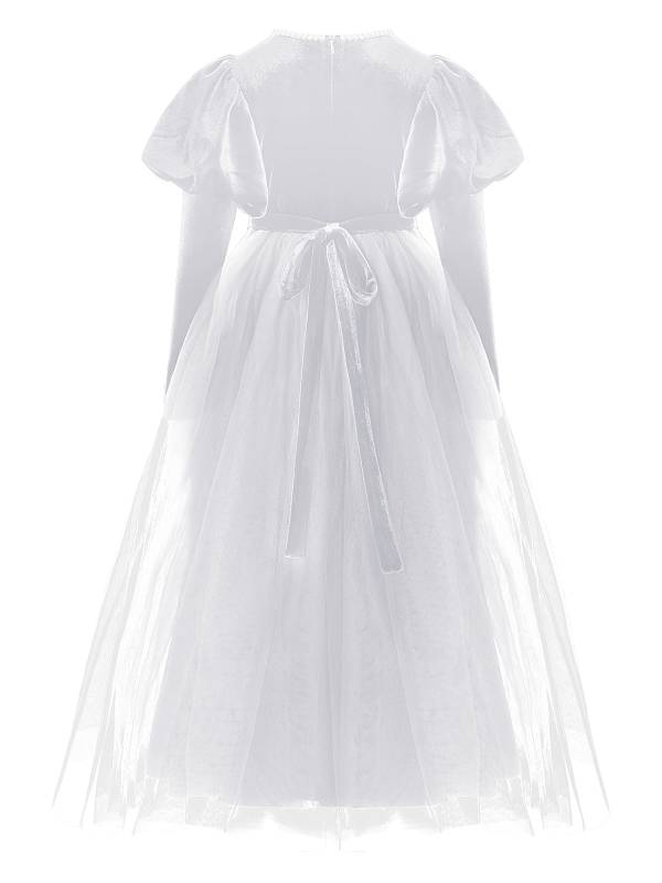 Kids Girls Long Sleeve Pearl Beaded High Waist Tulle Birthday Party Dress thumb
