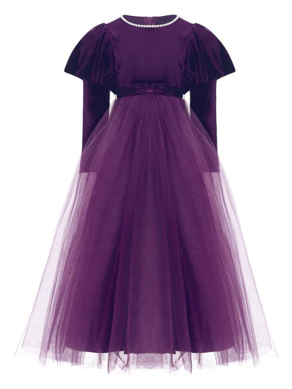 Kids Girls Long Sleeve Pearl Beaded High Waist Tulle Birthday Party Dress thumb