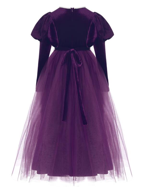 Kids Girls Long Sleeve Pearl Beaded High Waist Tulle Birthday Party Dress thumb