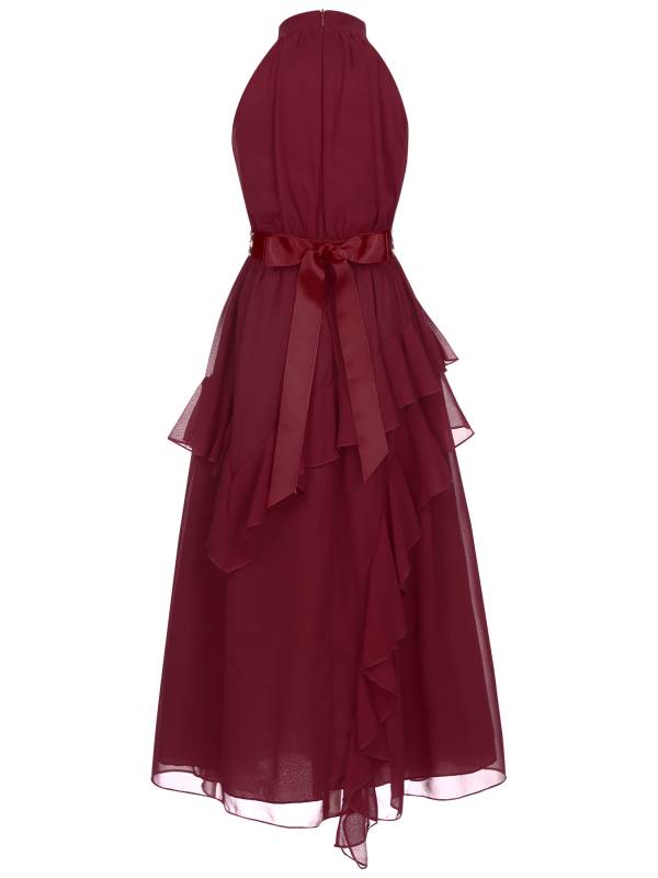 Kids Girls Sleeveless Halter Neck Tiered Ruffle Chiffon Party Dress with Belt thumb