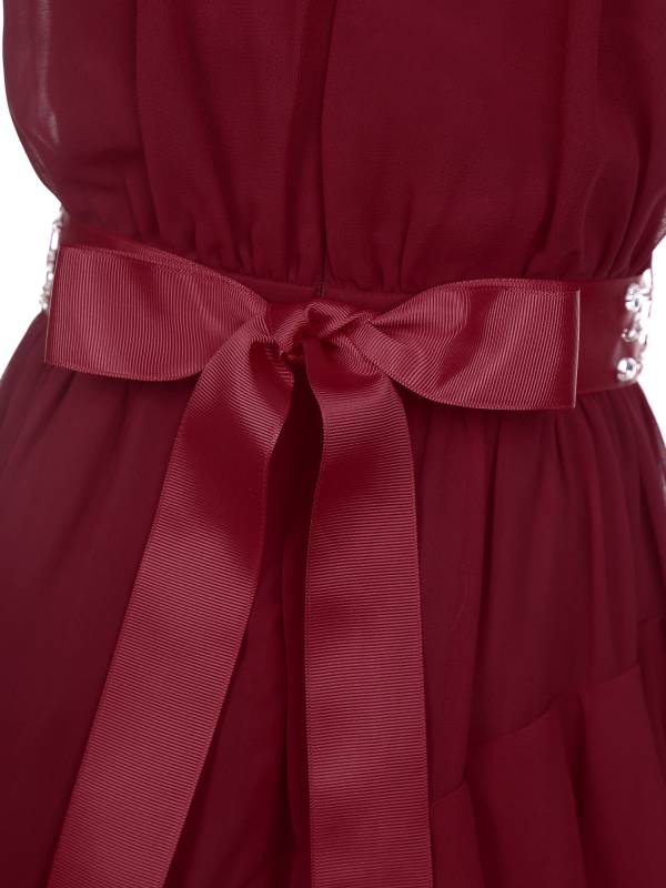 Kids Girls Sleeveless Halter Neck Tiered Ruffle Chiffon Party Dress with Belt thumb
