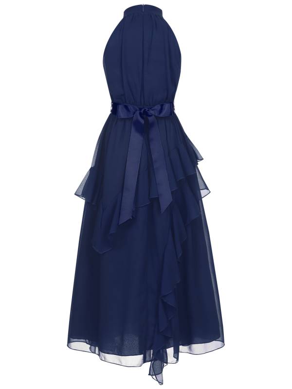 Kids Girls Sleeveless Halter Neck Tiered Ruffle Chiffon Party Dress with Belt thumb