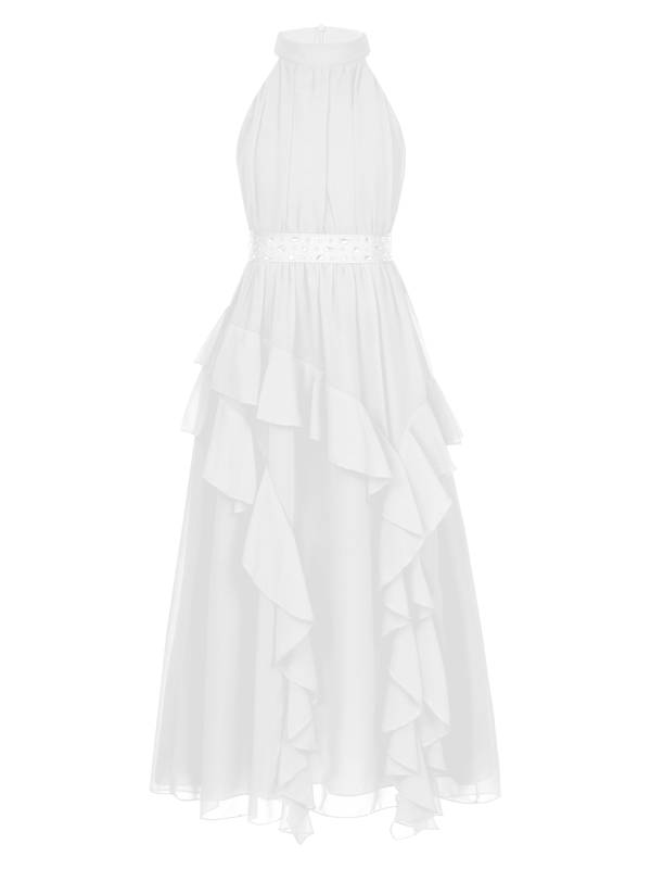 Kids Girls Sleeveless Halter Neck Tiered Ruffle Chiffon Party Dress with Belt thumb