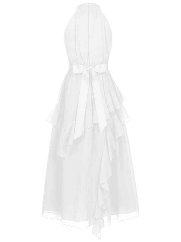 Kids Girls Sleeveless Halter Neck Tiered Ruffle Chiffon Party Dress with Belt thumb