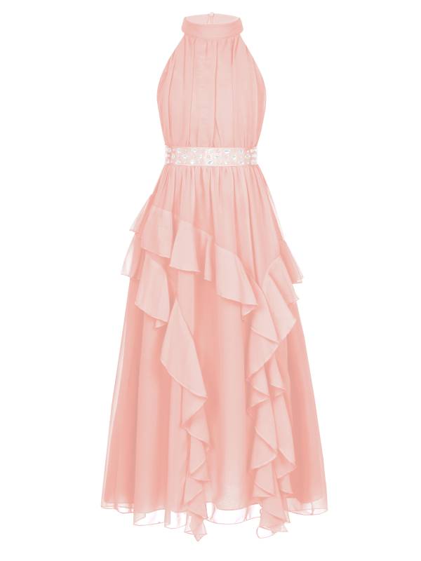 Kids Girls Sleeveless Halter Neck Tiered Ruffle Chiffon Party Dress with Belt thumb