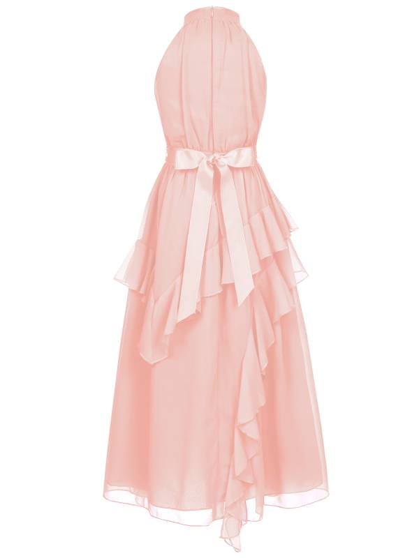 Kids Girls Sleeveless Halter Neck Tiered Ruffle Chiffon Party Dress with Belt thumb
