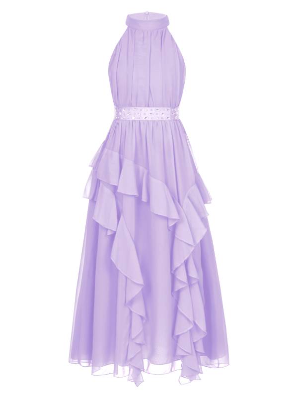 Kids Girls Sleeveless Halter Neck Tiered Ruffle Chiffon Party Dress with Belt thumb