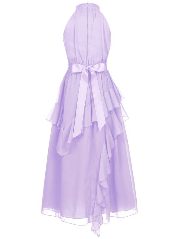 Kids Girls Sleeveless Halter Neck Tiered Ruffle Chiffon Party Dress with Belt thumb