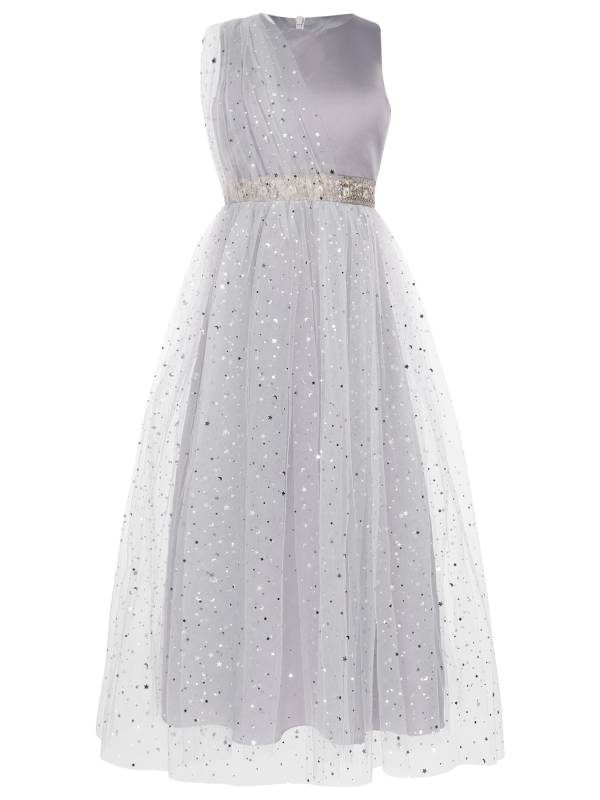 Kids Girls Sleeveless Round Neck Sequined Tulle Maxi Dress for Birthday thumb
