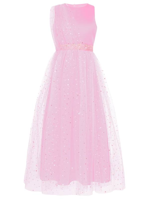 Kids Girls Sleeveless Round Neck Sequined Tulle Maxi Dress for Birthday thumb