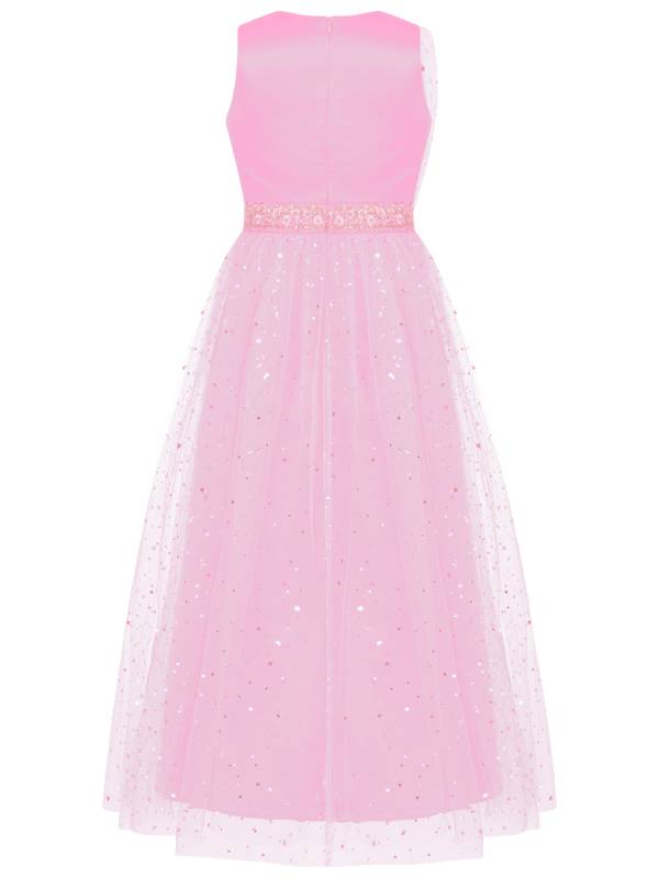 Kids Girls Sleeveless Round Neck Sequined Tulle Maxi Dress for Birthday thumb