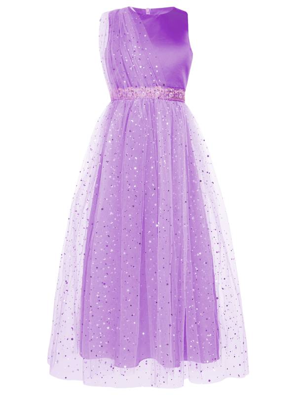 Kids Girls Sleeveless Round Neck Sequined Tulle Maxi Dress for Birthday thumb