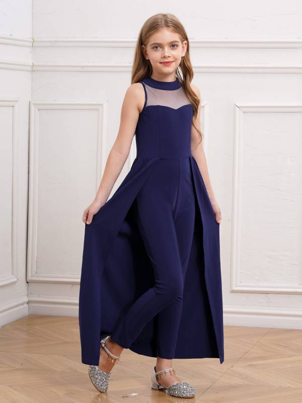 Kids Girls Sleeveless Mesh Solid Color Overlay Jumpsuit Dress thumb