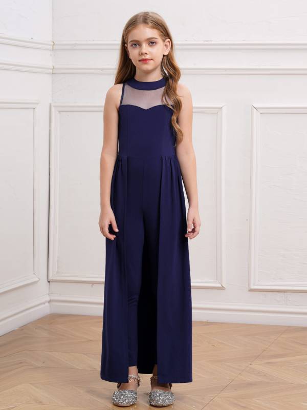 Kids Girls Sleeveless Mesh Solid Color Overlay Jumpsuit Dress thumb