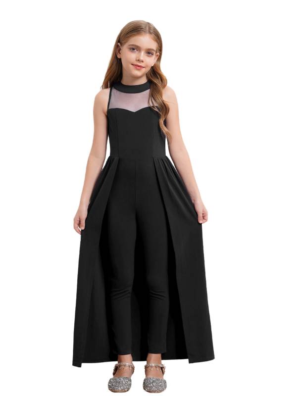 Kids Girls Sleeveless Mesh Solid Color Overlay Jumpsuit Dress thumb