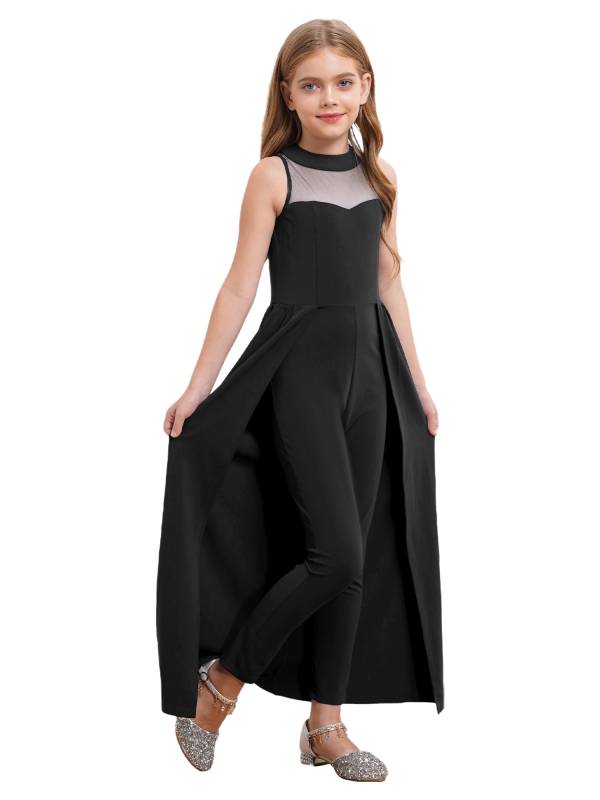 Kids Girls Sleeveless Mesh Solid Color Overlay Jumpsuit Dress thumb