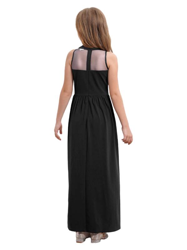 Kids Girls Sleeveless Mesh Solid Color Overlay Jumpsuit Dress thumb