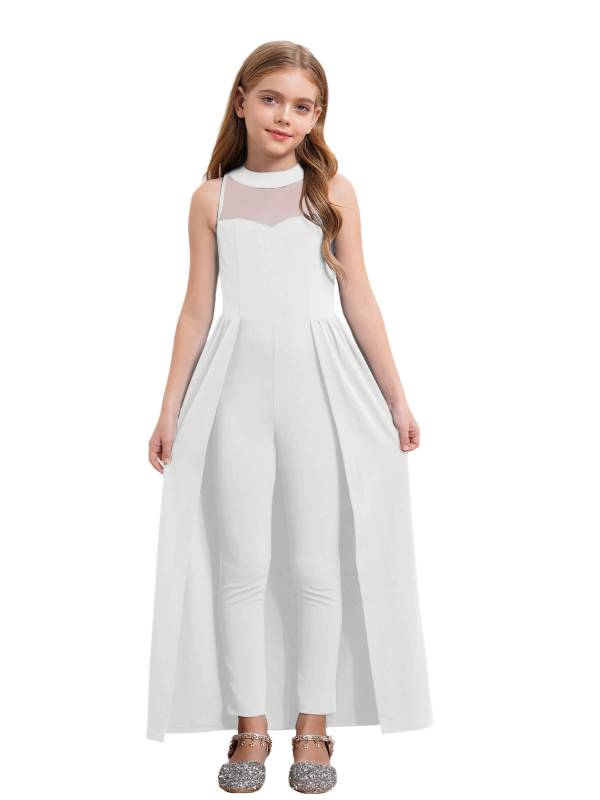 Kids Girls Sleeveless Mesh Solid Color Overlay Jumpsuit Dress thumb