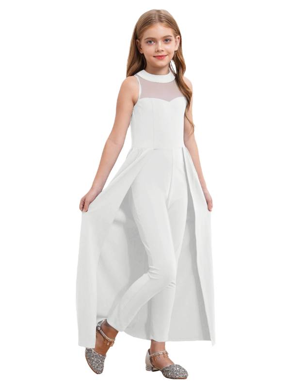 Kids Girls Sleeveless Mesh Solid Color Overlay Jumpsuit Dress thumb