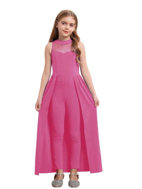 Kids Girls Sleeveless Mesh Solid Color Overlay Jumpsuit Dress thumb