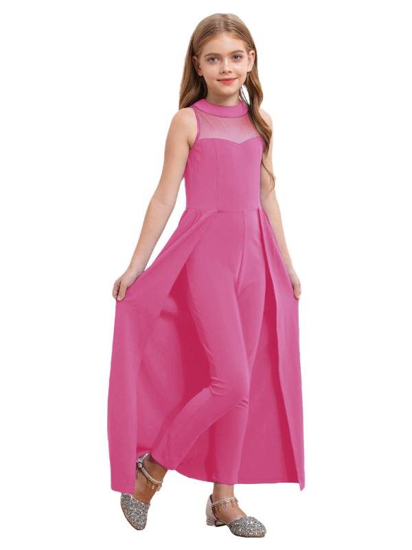 Kids Girls Sleeveless Mesh Solid Color Overlay Jumpsuit Dress thumb