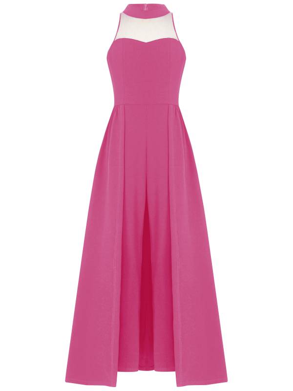 Kids Girls Sleeveless Mesh Solid Color Overlay Jumpsuit Dress thumb