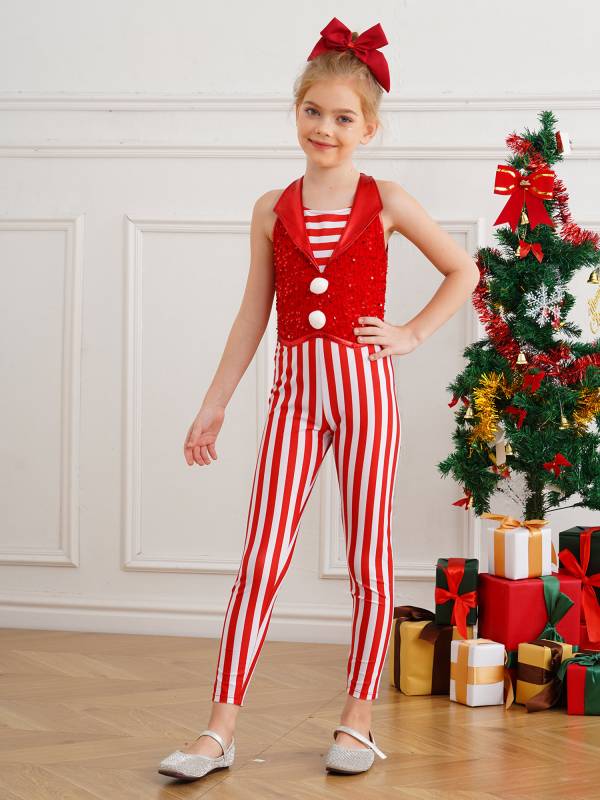 Kids Girl Christmas Sleeveless 2-in-1 Sequins Stripe Jumpsuit for Dance thumb