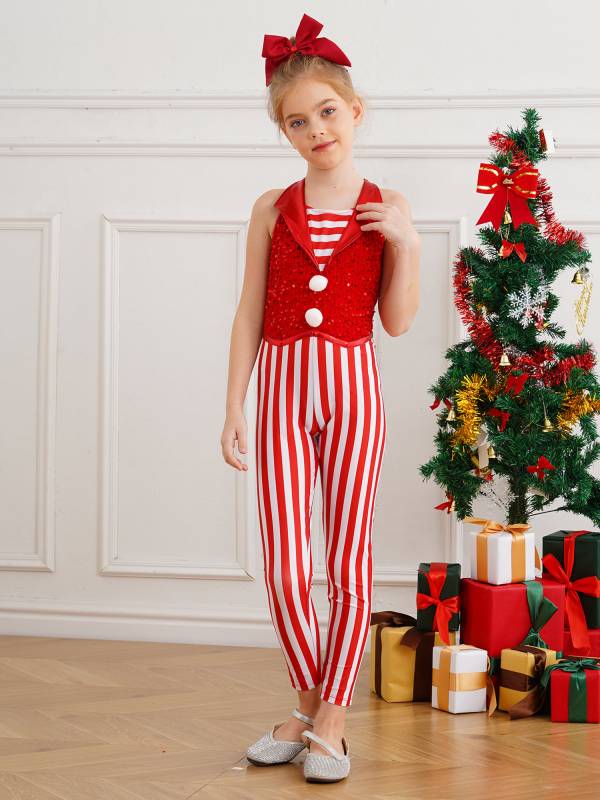 Kids Girl Christmas Sleeveless 2-in-1 Sequins Stripe Jumpsuit for Dance thumb