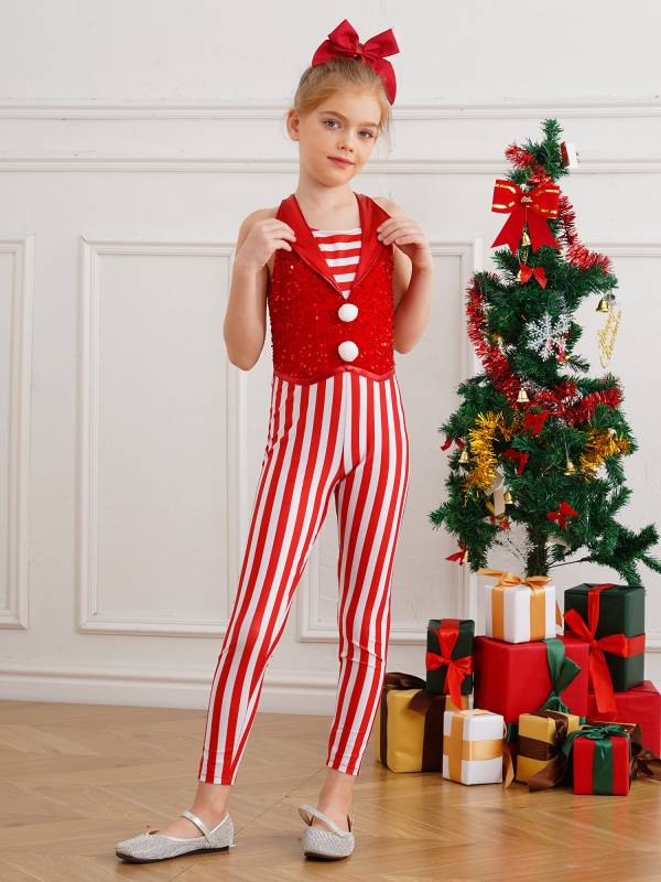 Kids Girl Christmas Sleeveless 2-in-1 Sequins Stripe Jumpsuit for Dance thumb