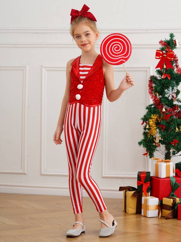 Kids Girl Christmas Sleeveless 2-in-1 Sequins Stripe Jumpsuit for Dance thumb