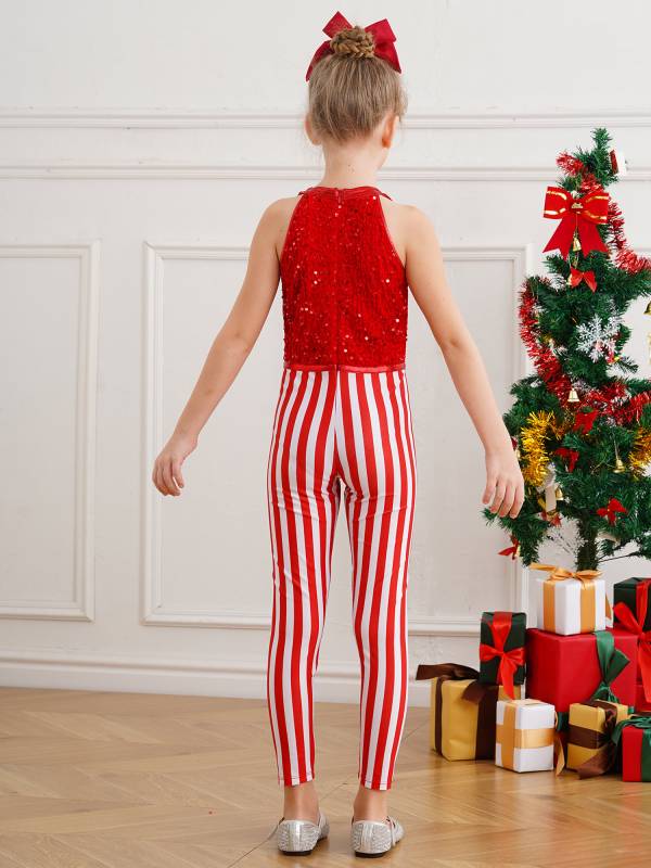 Kids Girl Christmas Sleeveless 2-in-1 Sequins Stripe Jumpsuit for Dance thumb