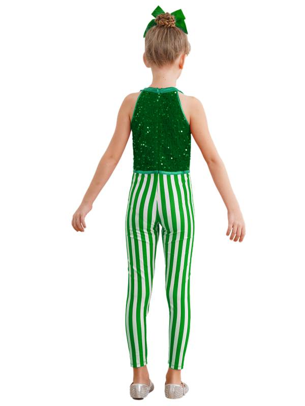Kids Girl Christmas Sleeveless 2-in-1 Sequins Stripe Jumpsuit for Dance thumb