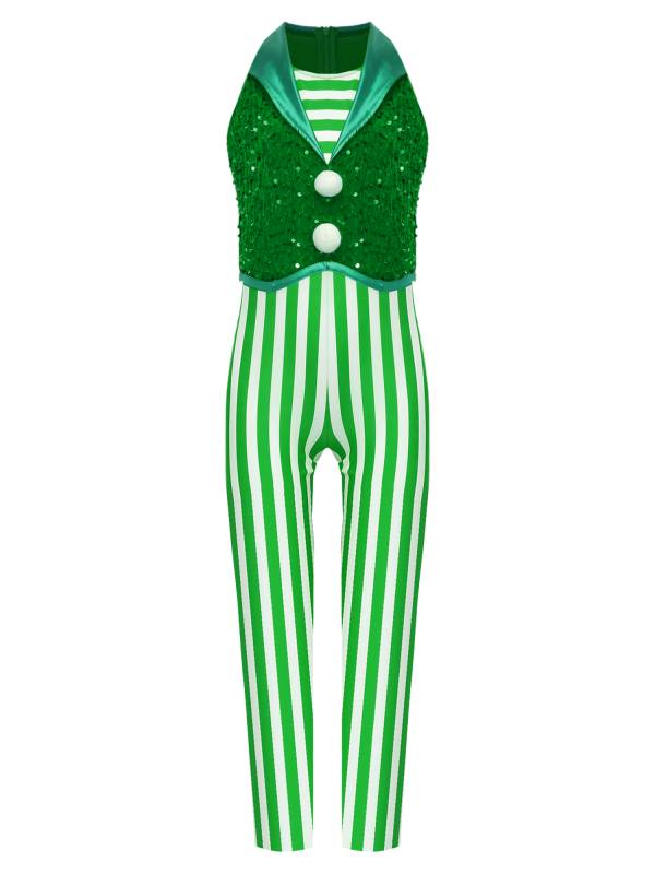 Kids Girl Christmas Sleeveless 2-in-1 Sequins Stripe Jumpsuit for Dance thumb