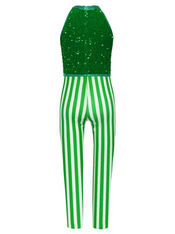 Kids Girl Christmas Sleeveless 2-in-1 Sequins Stripe Jumpsuit for Dance thumb