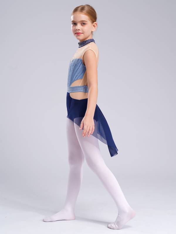 Kids Girls Sleeveless Shiny Rhinestones Mesh Skirted Leotard for Skating thumb