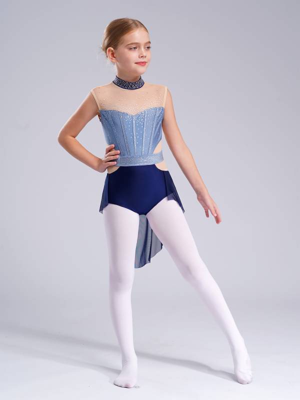 Kids Girls Sleeveless Shiny Rhinestones Mesh Skirted Leotard for Skating thumb