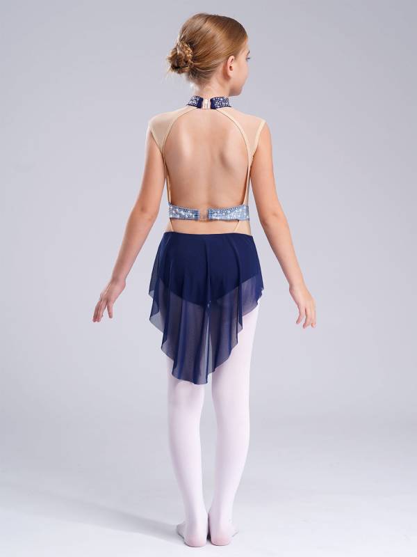 Kids Girls Sleeveless Shiny Rhinestones Mesh Skirted Leotard for Skating thumb
