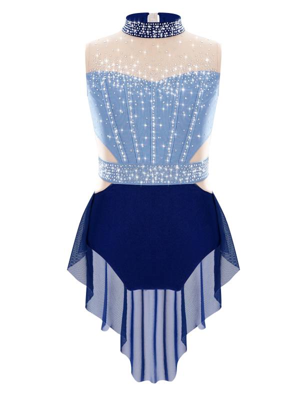Kids Girls Sleeveless Shiny Rhinestones Mesh Skirted Leotard for Skating thumb