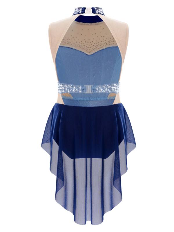 Kids Girls Sleeveless Shiny Rhinestones Mesh Skirted Leotard for Skating thumb