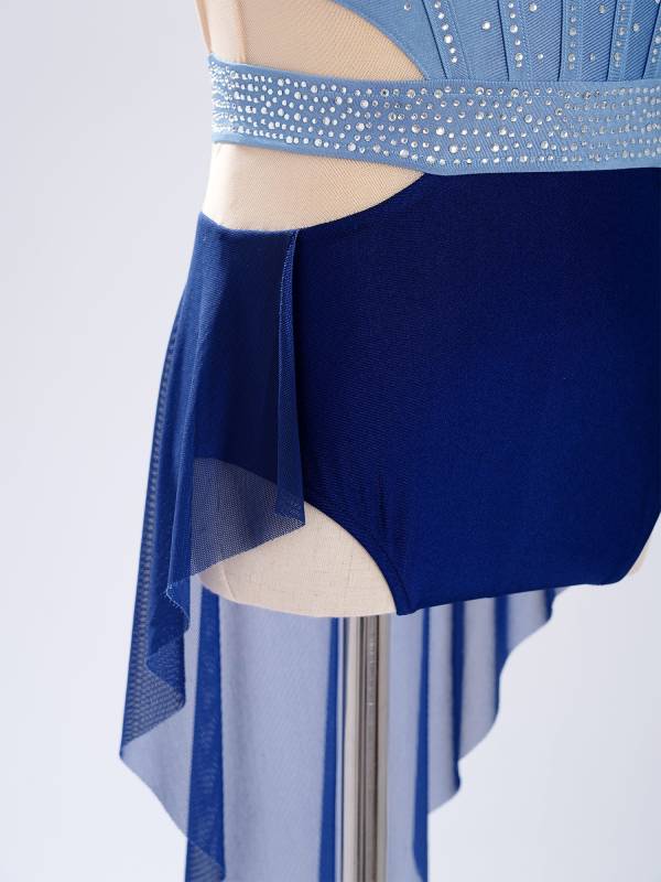 Kids Girls Sleeveless Shiny Rhinestones Mesh Skirted Leotard for Skating thumb