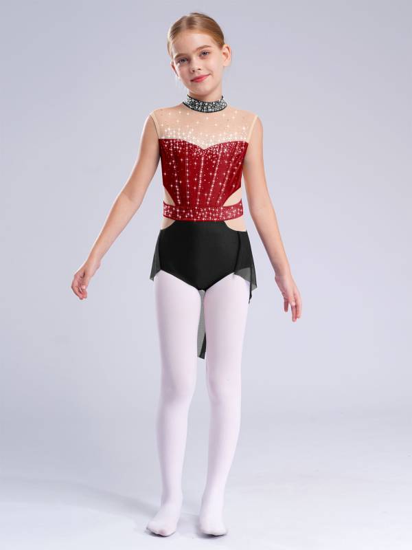 Kids Girls Mock Neck Sleeveless Rhinestones Skirted Leotard for Lyrical Dance thumb