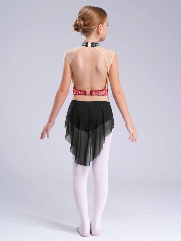 Kids Girls Mock Neck Sleeveless Rhinestones Skirted Leotard for Lyrical Dance thumb
