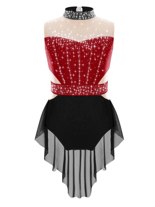 Kids Girls Mock Neck Sleeveless Rhinestones Skirted Leotard for Lyrical Dance thumb