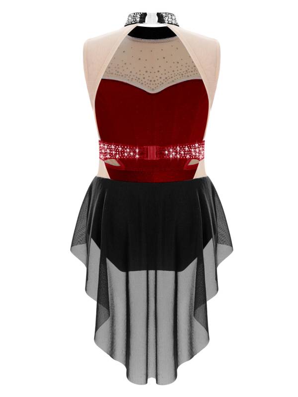 Kids Girls Mock Neck Sleeveless Rhinestones Skirted Leotard for Lyrical Dance thumb