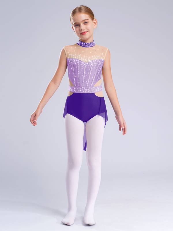 Kids Girls Sleeveless Shiny Rhinestones Mesh Skirted Leotard for Skating thumb
