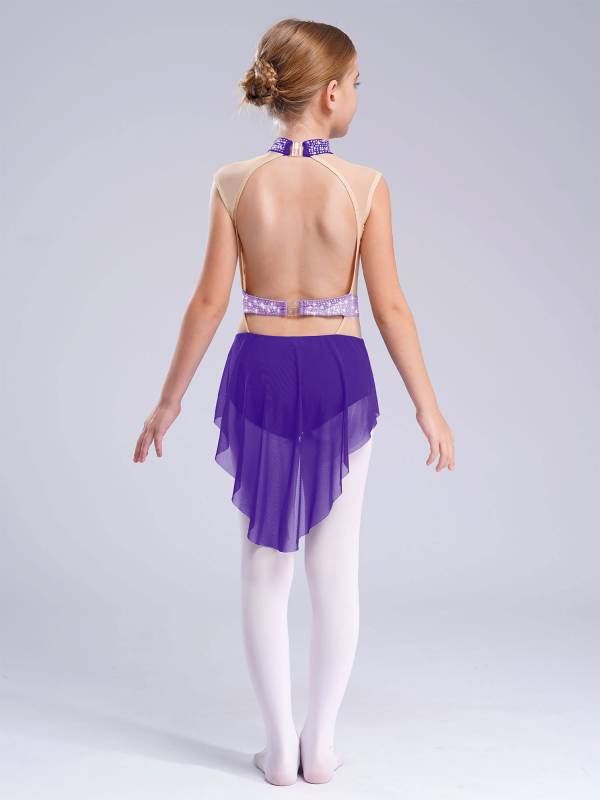 Kids Girls Sleeveless Shiny Rhinestones Mesh Skirted Leotard for Skating thumb